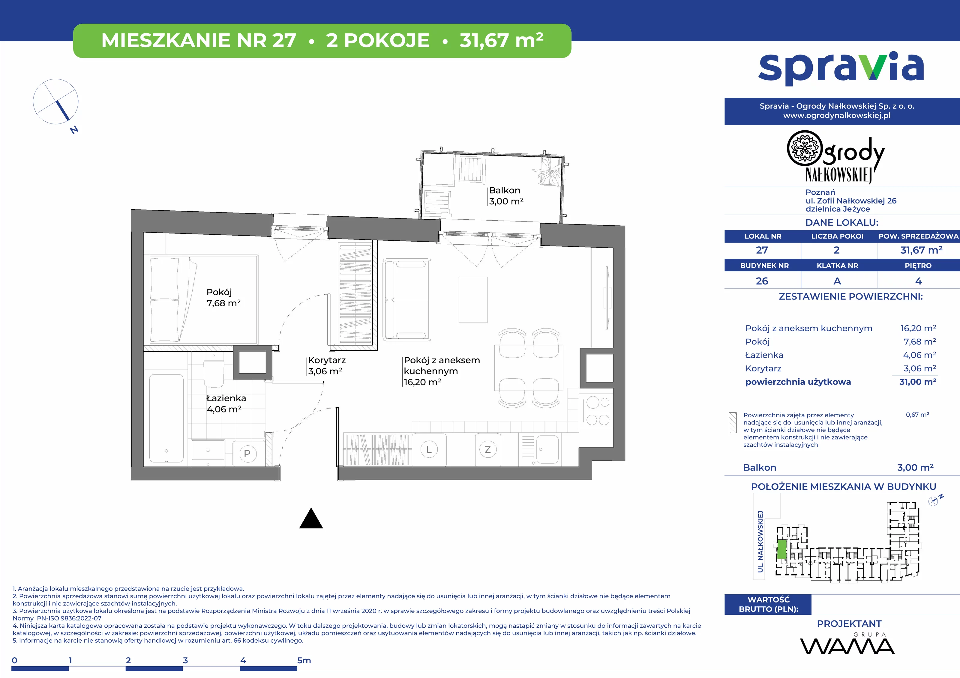 2 pokoje, mieszkanie 31,67 m², piętro 4, oferta nr 26-27, Ogrody Nałkowskiej, Poznań, Ogrody, ul. Nałkowskiej 24, 26